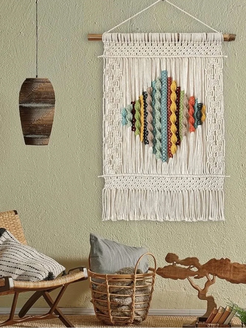 Handmade Macrame Wall Hanging with Multicolor Center